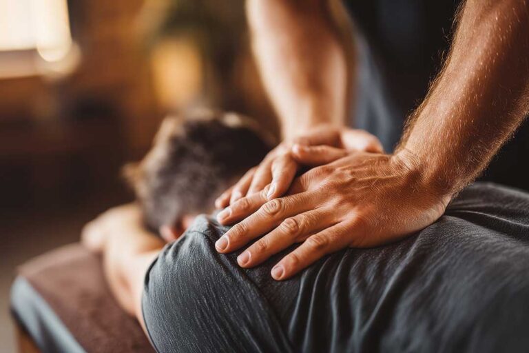 A chiropractor gently examines a patient’s back in a calm, sunlit treatment room.